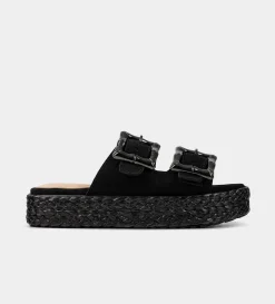 Fashion SANDALIA DOBLE HEBILLA GAMUZA NEGRO Mujer Sandalias Y Plataformas