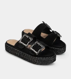 Fashion SANDALIA DOBLE HEBILLA GAMUZA NEGRO Mujer Sandalias Y Plataformas