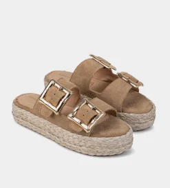 Clearance SANDALIA DOBLE HEBILLA GAMUZA CAMEL Mujer Sandalias Y Plataformas