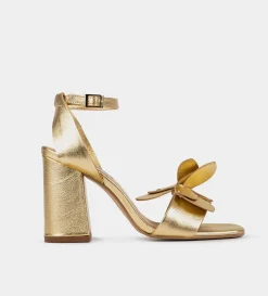 Outlet SANDALIA TACÓN MOÑO PIEL ORO Mujer Fiesta | Piel Auténtica