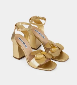 Outlet SANDALIA TACÓN MOÑO PIEL ORO Mujer Fiesta | Piel Auténtica
