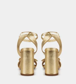 Outlet SANDALIA TACÓN MOÑO PIEL ORO Mujer Fiesta | Piel Auténtica
